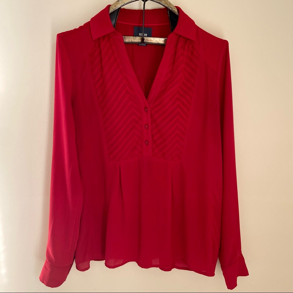 Maeve Red Long-Sleeve Pleated V-Neck Blouse